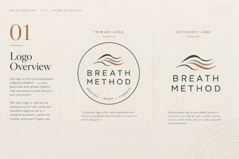 Breath Method brand guidelines: logo overview with primary and secondary logos