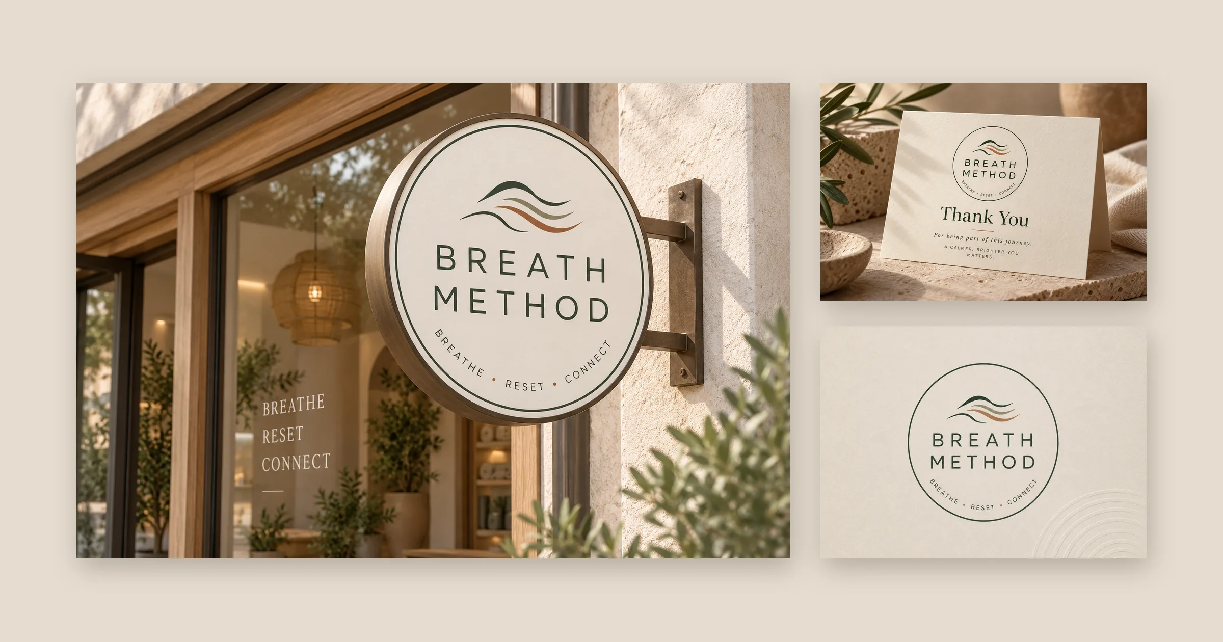 Breath Method signage mockup beside a thank-you card and the circular logo