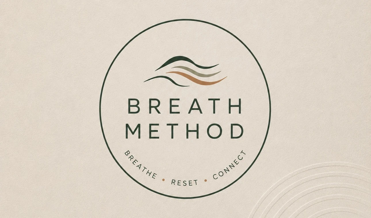 Breath Method primary logo: layered flowing lines above the wordmark inside a circle reading Breathe, Reset, Connect