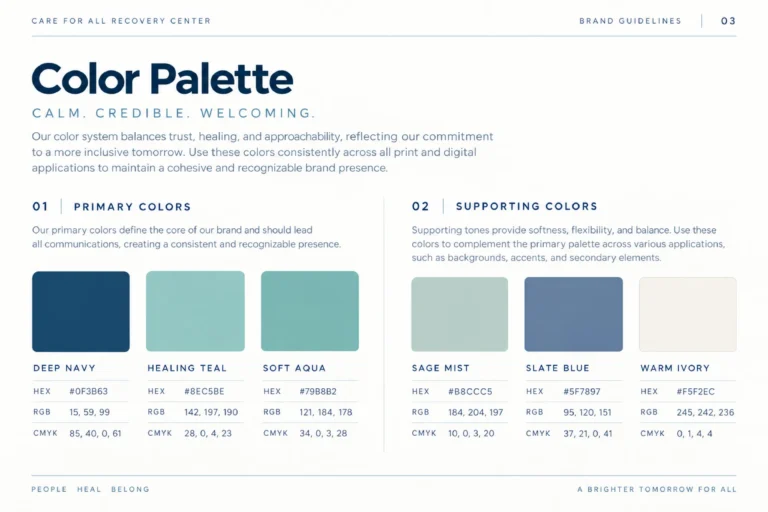 Care for All brand guidelines: primary and supporting colour palette