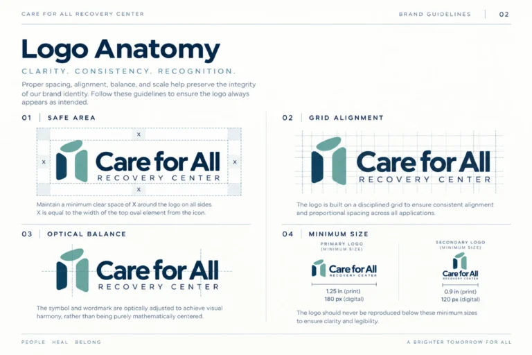 Care for All brand guidelines: logo anatomy, safe area and minimum size