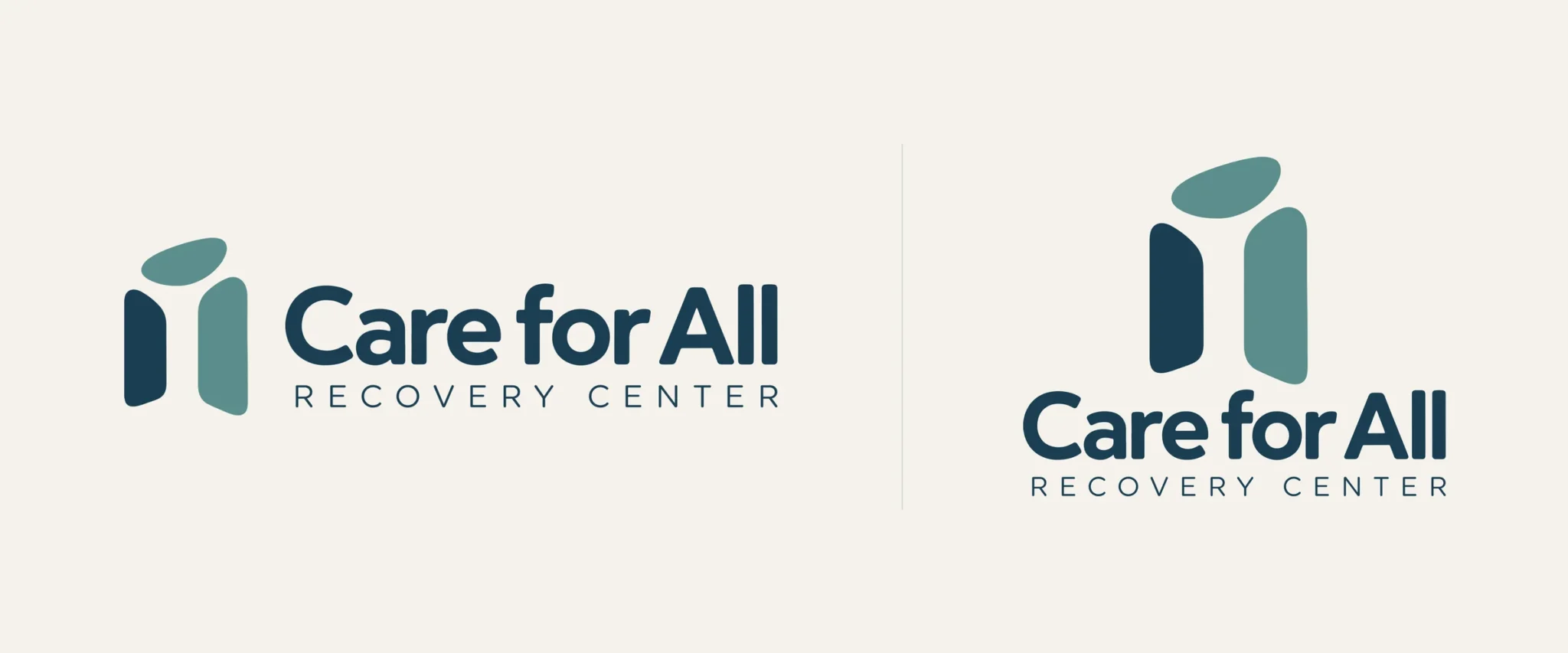 Care for All Recovery Center logo: horizontal primary logo and stacked secondary logo