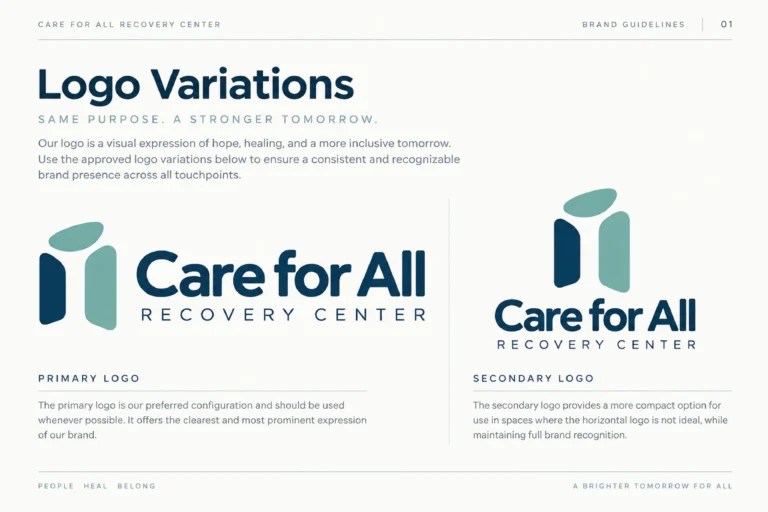 Care for All brand guidelines: primary and secondary logo variations
