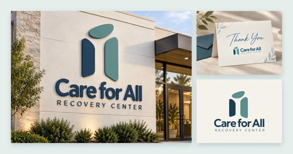 Care for All Recovery Center building signage beside a thank-you card and the stacked logo