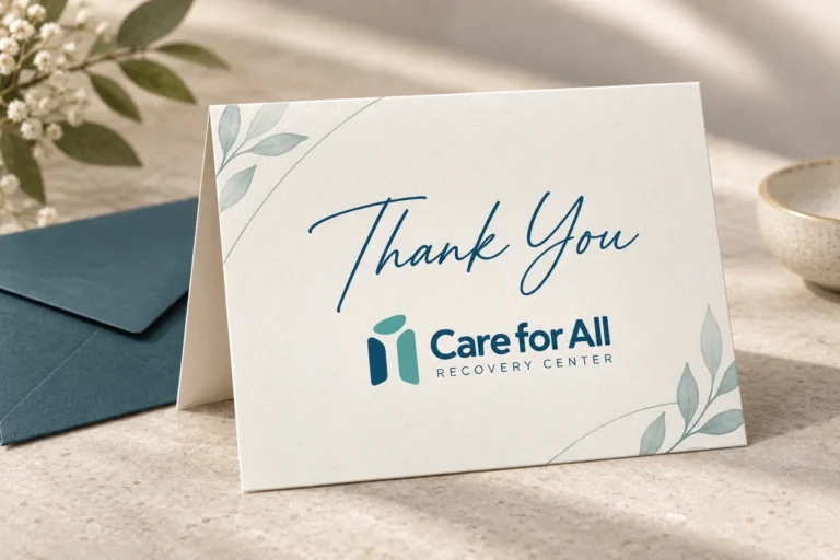 Care for All Recovery Center thank-you card with the logo