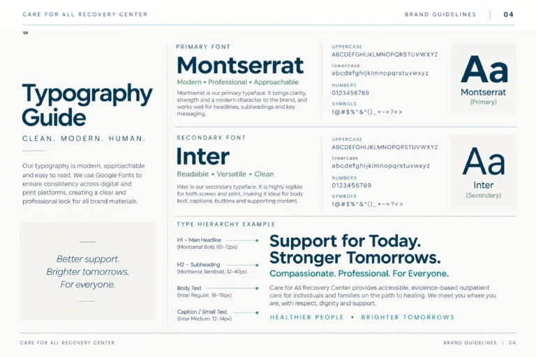 Care for All brand guidelines: Montserrat and Inter typography guide