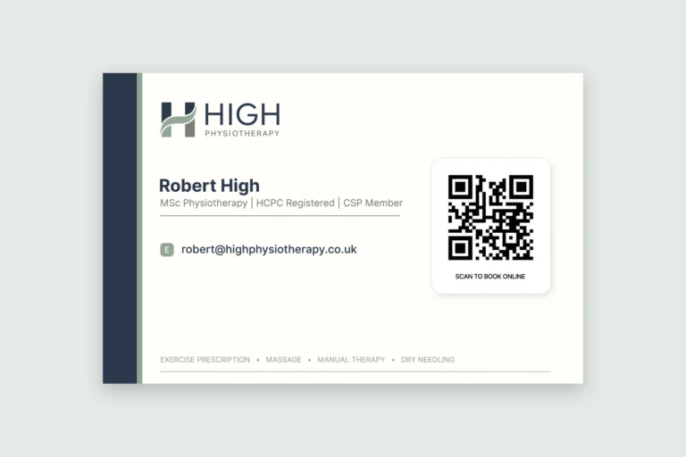 High Physiotherapy business card back with contact details, services and a booking QR code