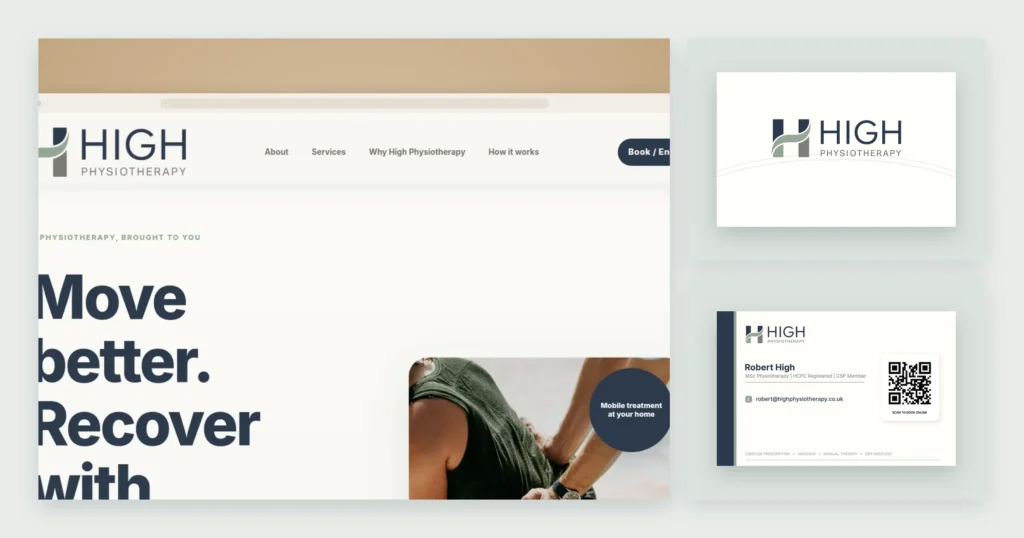 High Physiotherapy website in a browser window beside the front and back of its business card