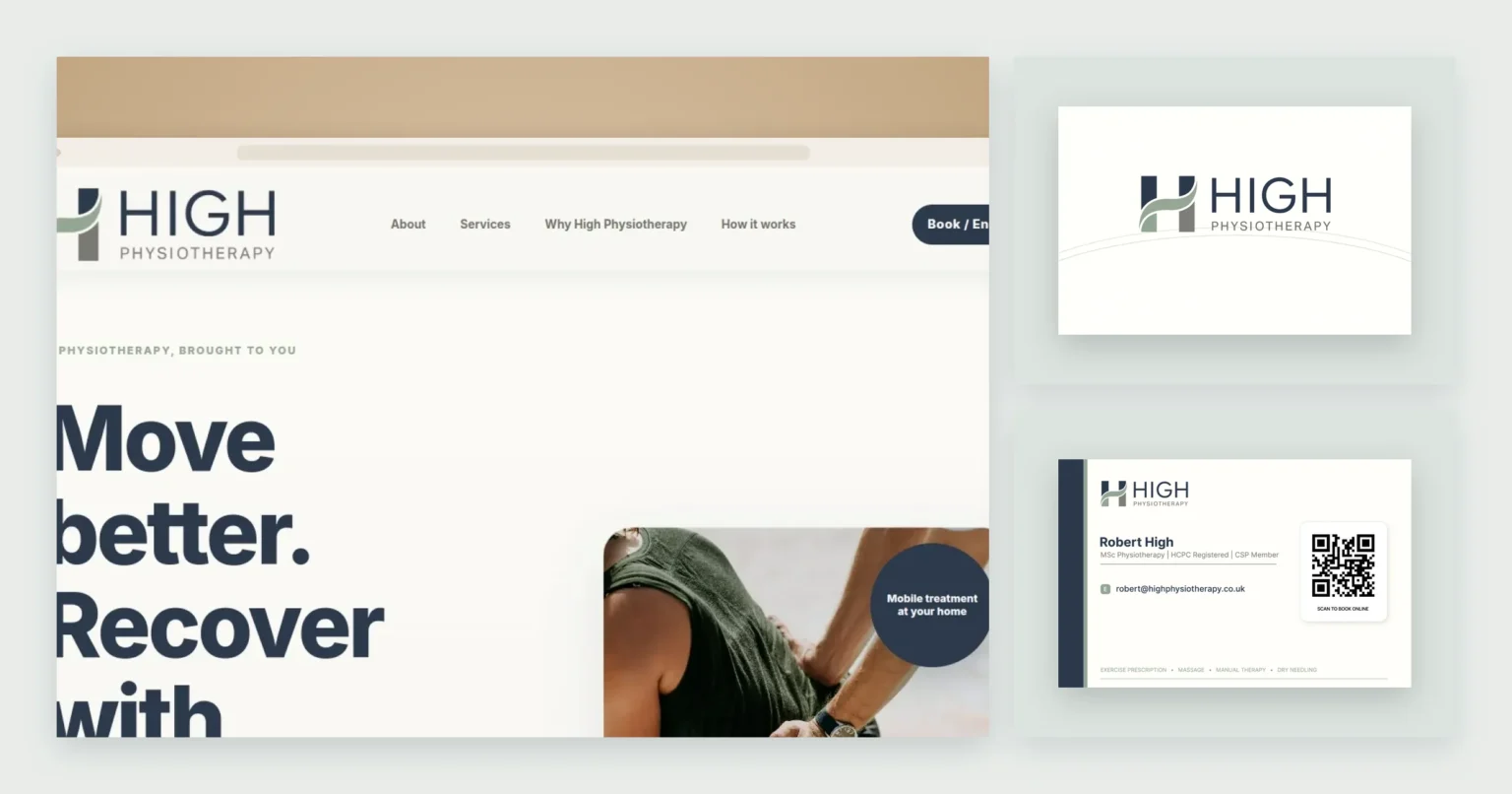 High Physiotherapy website in a browser window beside the front and back of its business card
