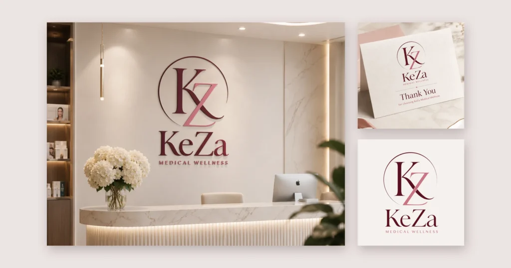KeZa Medical Wellness reception signage mockup beside a thank-you card and the logo