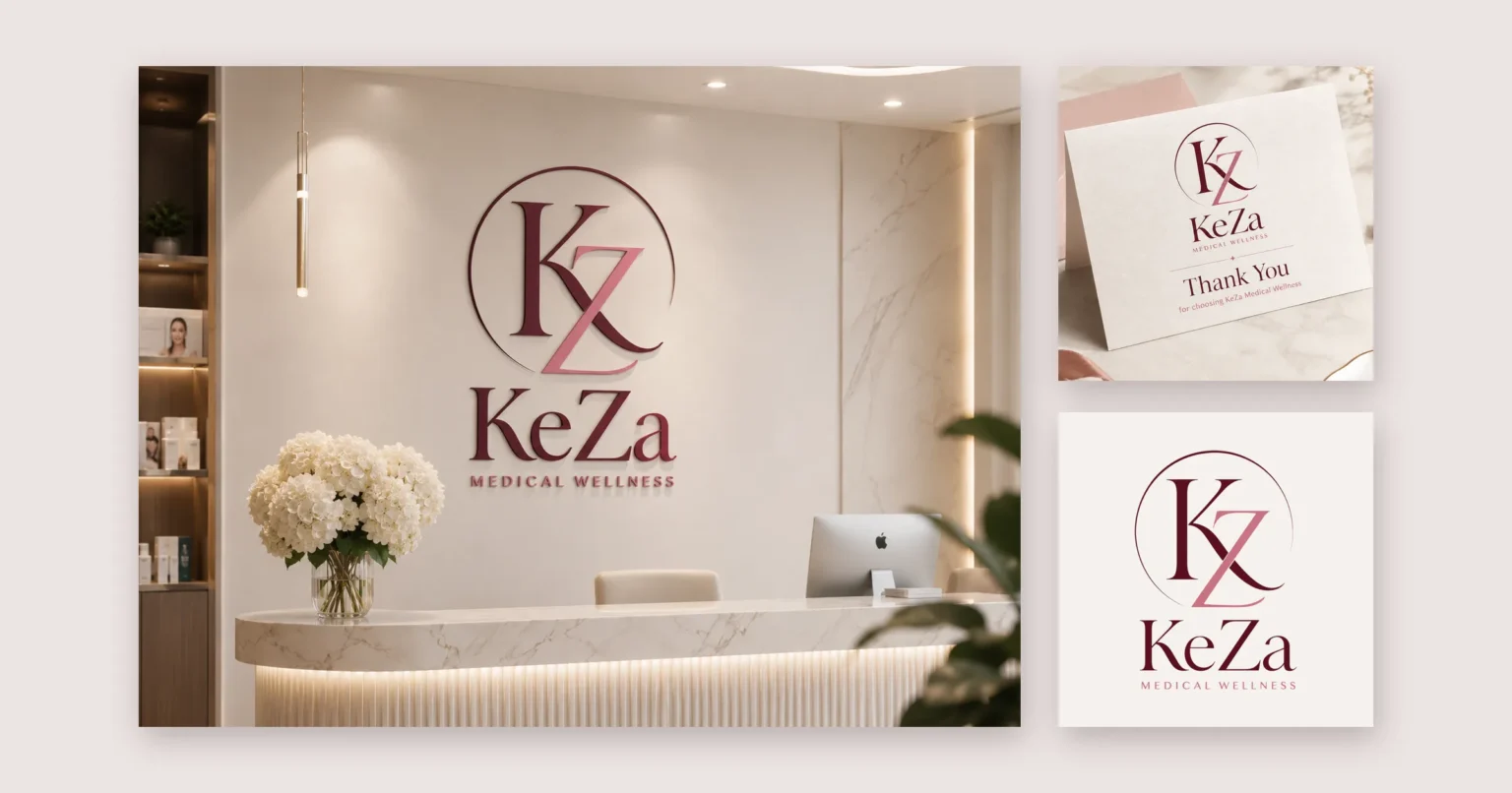 KeZa Medical Wellness reception signage mockup beside a thank-you card and the logo