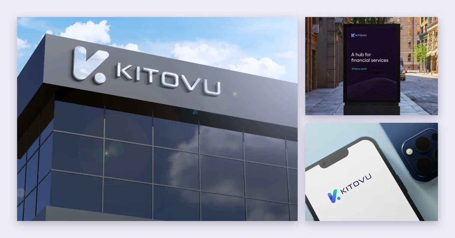 Kitovu logo signage on an office building beside a street poster and a smartphone showing the logo