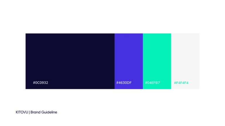 Kitovu colour palette: deep navy, violet, mint and light grey