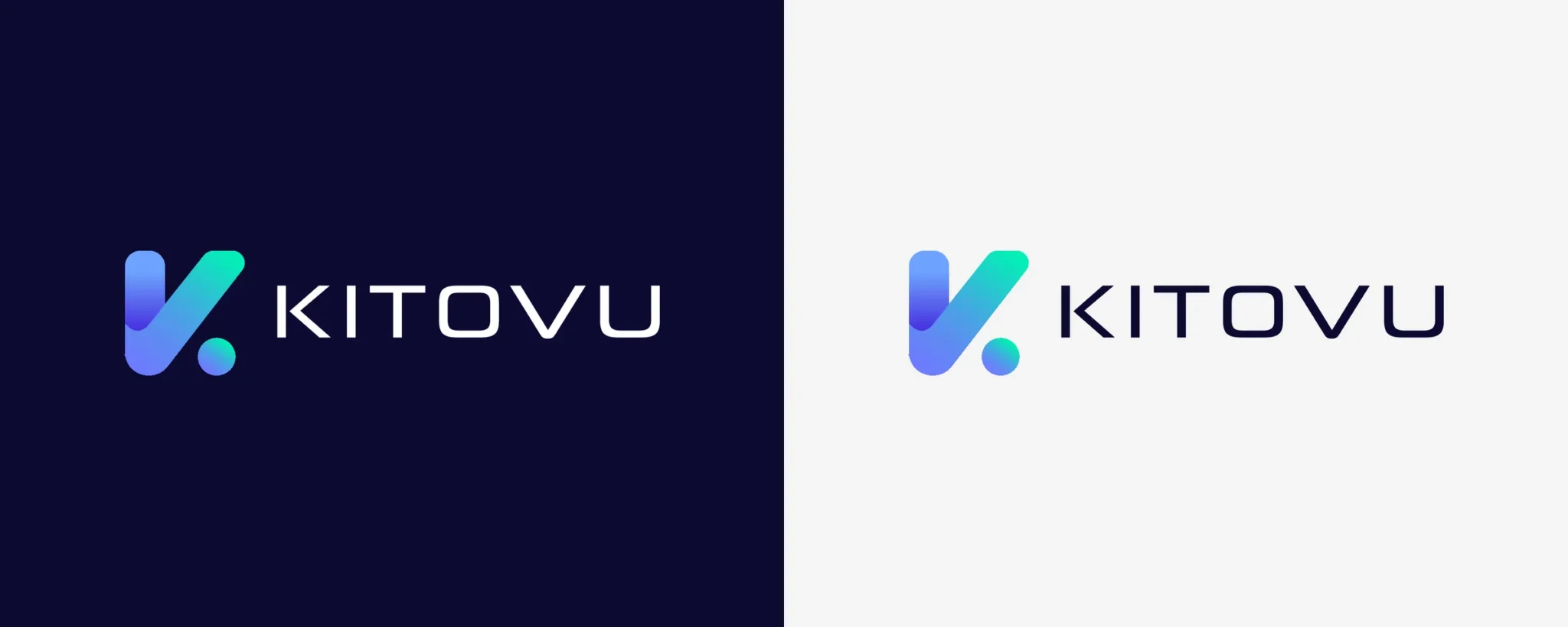 Kitovu logo: a gradient K monogram with the KITOVU wordmark, shown on deep navy and on light grey