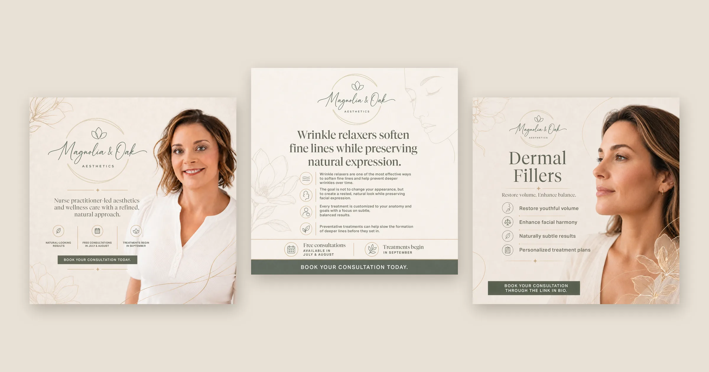 Three Magnolia & Oak Aesthetics social media posts designed by SajalGraphics