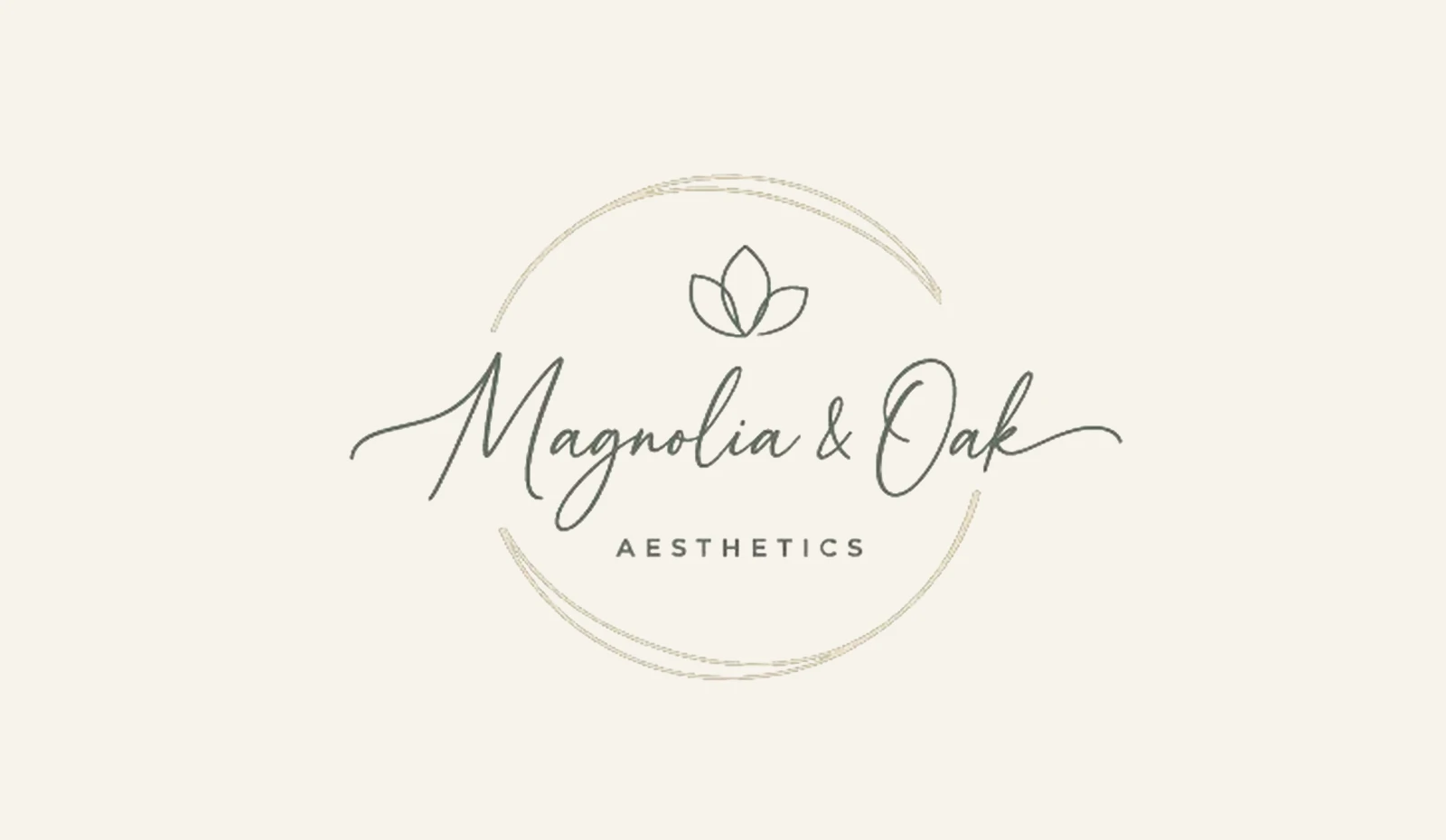 Magnolia & Oak Aesthetics logo: script wordmark with a lotus mark inside a gold ring