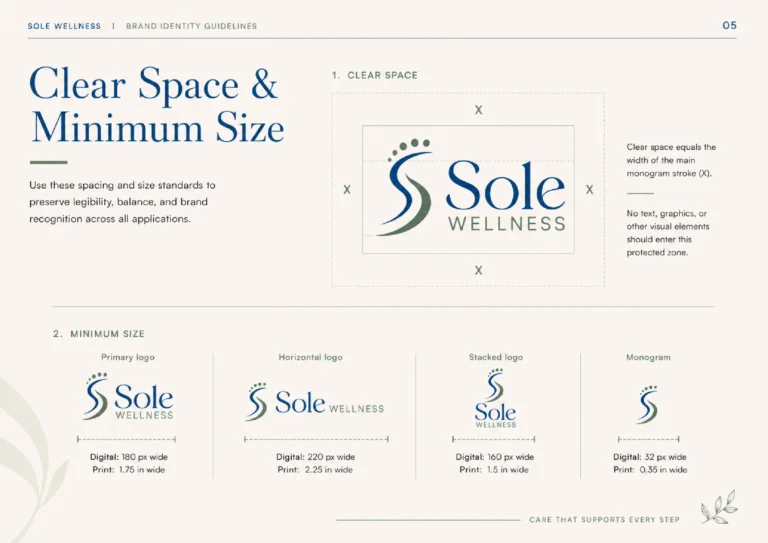 Sole Wellness brand guidelines: clear space and minimum size