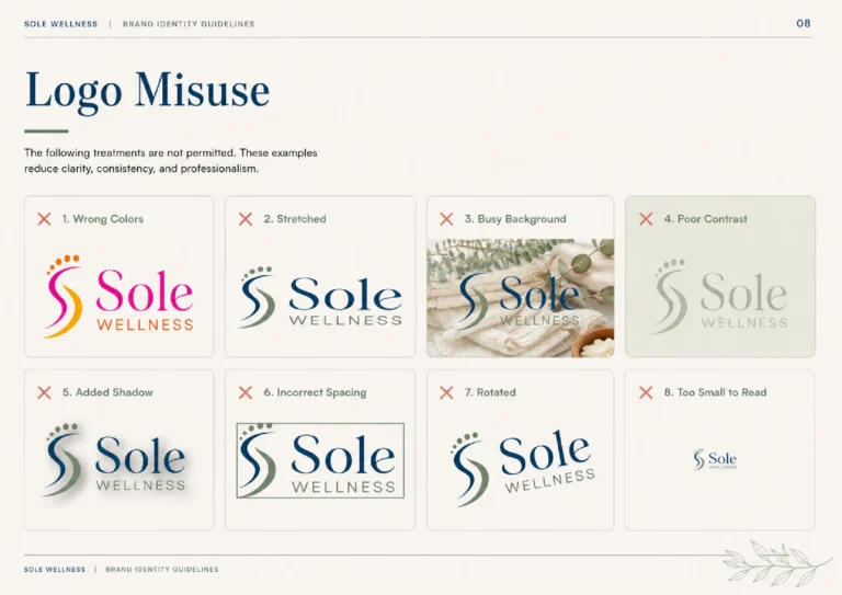 Sole Wellness brand guidelines: logo misuse