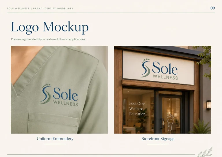 Sole Wellness brand guidelines: logo mockups on uniform embroidery and storefront signage
