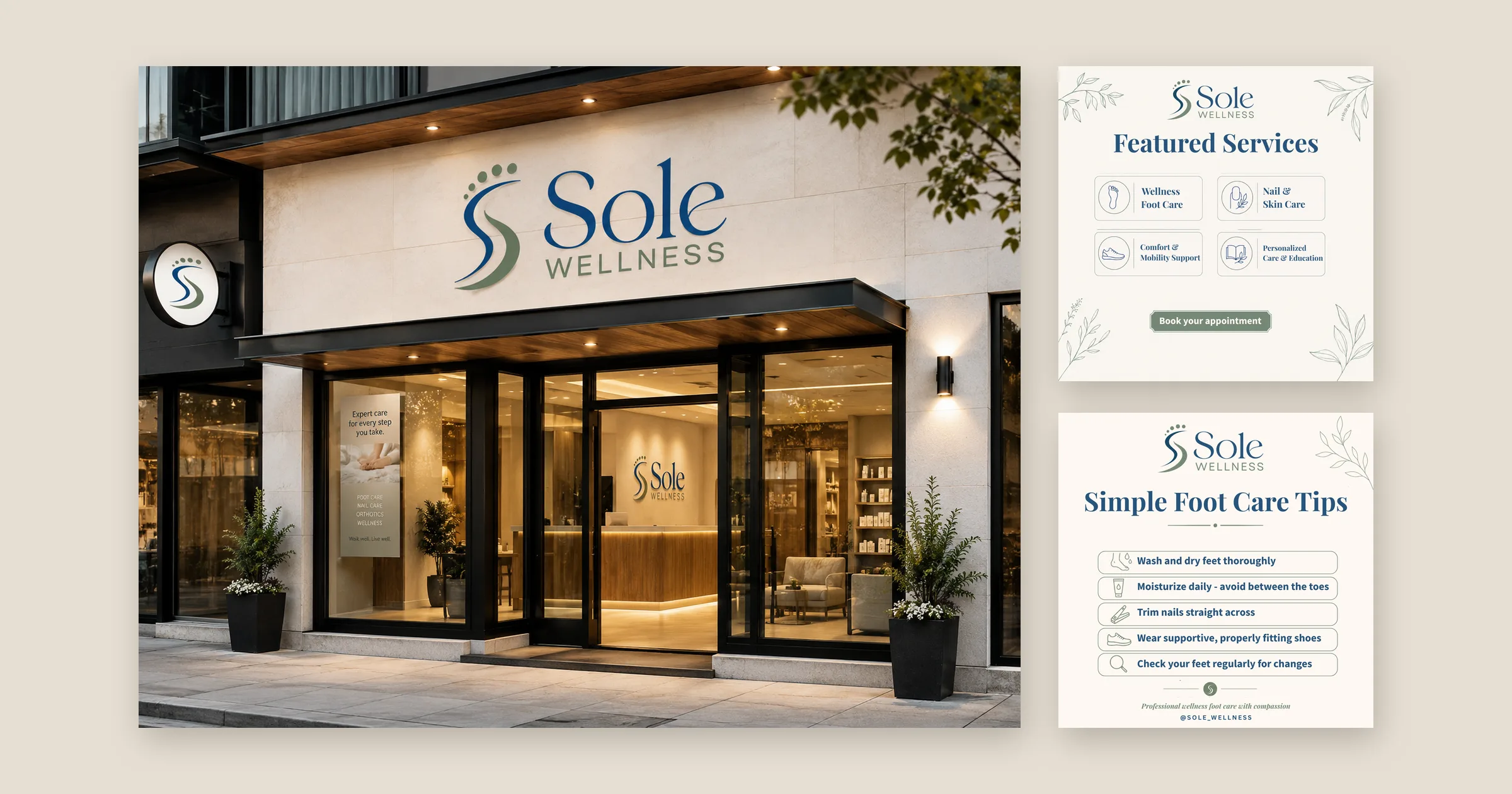 Sole Wellness storefront signage mockup beside two Sole Wellness social media posts