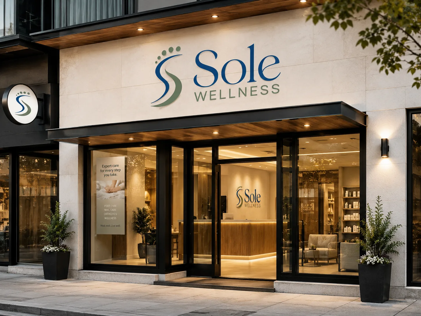 Sole Wellness storefront signage mockup with the logo on the facade and window graphics